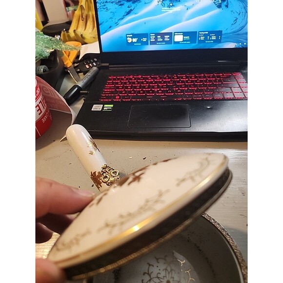 Vintage Porcelain Lidded Serving Pot Handle Gold Gilt Floral Brass Trim Elegant - Picture 11 of 15